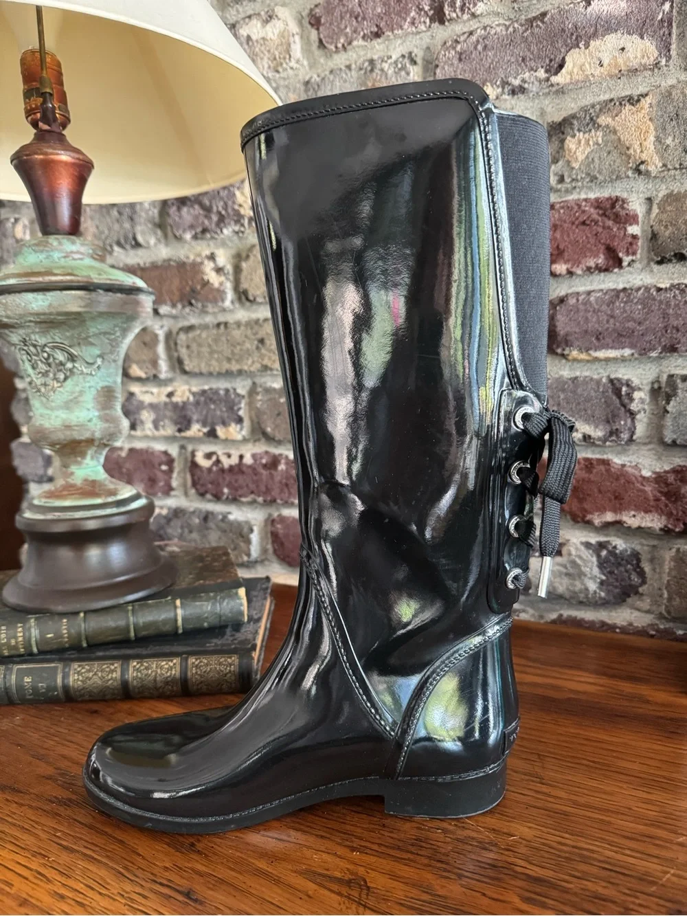 MICHAEL Michael Kors Black Patent Back-Lace Rain Boots • Glossy Black • Size 7